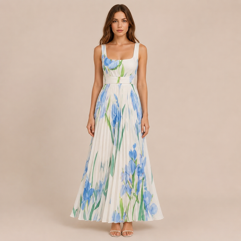 Irene - Vestido midi de tirantes anchos con falda plisada