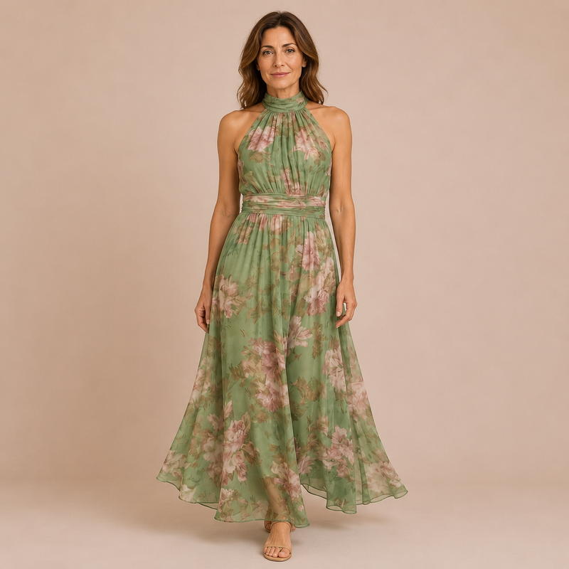 Marta - Vestido midi de cuello halter con cinturón fruncido