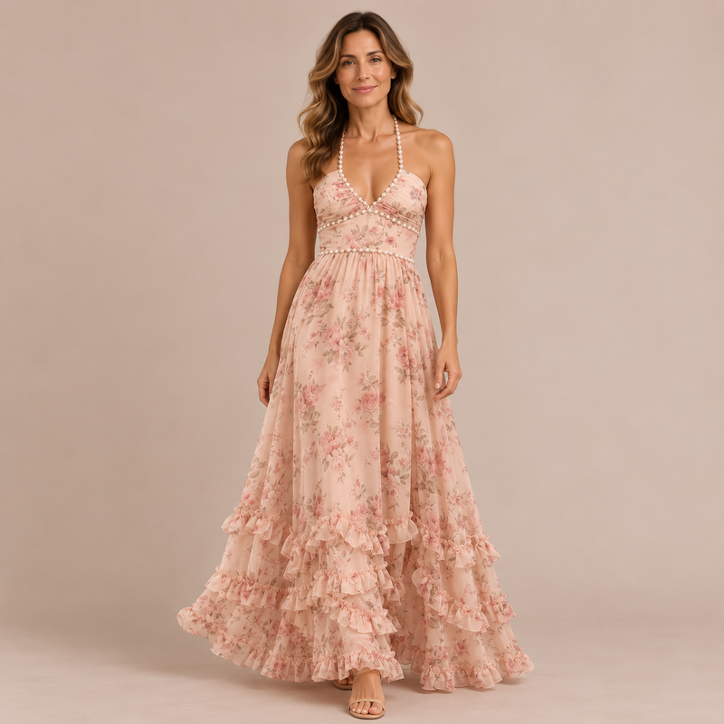 Elena - Vestido de tirantes con detalle de perlas