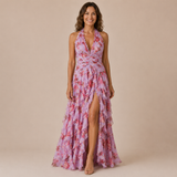 Violeta - Vestido halter con escote profundo y falda de volantes