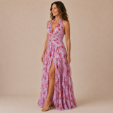 Violeta - Vestido halter con escote profundo y falda de volantes