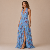 Violeta - Vestido halter con escote profundo y falda de volantes