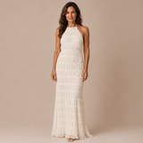 Julia - Vestido halter largo con textura texturizada en capas horizontales