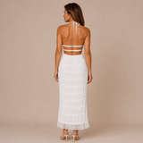 Julia - Vestido halter largo con textura texturizada en capas horizontales