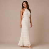 Julia - Vestido halter largo con textura texturizada en capas horizontales