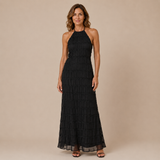 Julia - Vestido halter largo con textura texturizada en capas horizontales