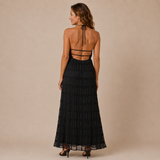 Julia - Vestido halter largo con textura texturizada en capas horizontales