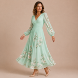 Celeste - Vestido midi de manga larga con escote en V
