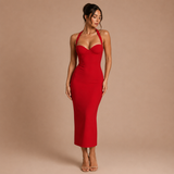 Rosa - Vestido midi ceñido con corpiño y tirante halter