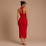 Rosa - Vestido midi ceñido con corpiño y tirante halter