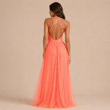Elisa – Vestido Maxi Coral con Escote Halter y Espalda Descubierta