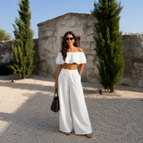 Lola - Conjunto top off-shoulder con volantes y pantalón palazzo