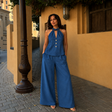 Isabel - Conjunto top halter con botones y pantalón palazzo