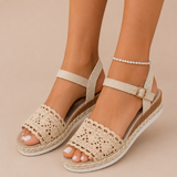 Begoña - Sandalias cuña con encaje de crochet y plataforma de esparto