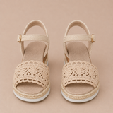Begoña - Sandalias cuña con encaje de crochet y plataforma de esparto