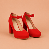Lucía - Zapatos de tacón ancho con lazo y pulsera al tobillo