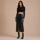 Luisa - Falda midi de cuero sintético con abertura frontal