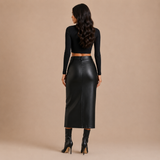 Luisa - Falda midi de cuero sintético con abertura frontal