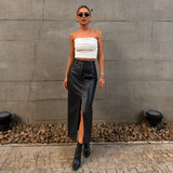 Luisa - Falda midi de cuero sintético con abertura frontal