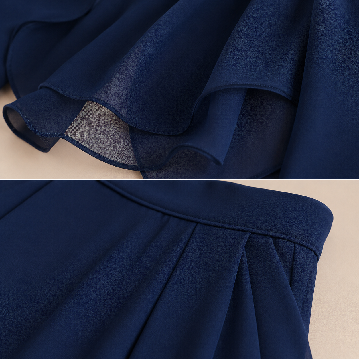 Lourdes – Conjunto de 2 Piezas en Chifón Azul Marino con Mangas Fluid
