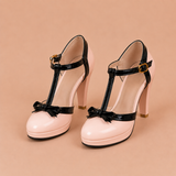 Ana - Zapatos de tacón bicolor con tira en T y lazo