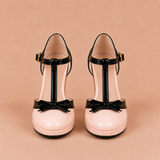 Ana - Zapatos de tacón bicolor con tira en T y lazo