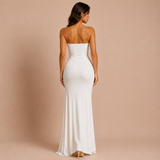 Sofía - Vestido maxi strapless con corpiño bordado con pedrería y falda drapeada