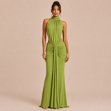 Pilar - Vestido maxi halter cuello alto con cintura descubierta y silueta sirena