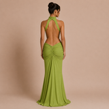 Pilar - Vestido maxi halter cuello alto con cintura descubierta y silueta sirena
