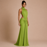 Pilar - Vestido maxi halter cuello alto con cintura descubierta y silueta sirena