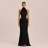 Pilar - Vestido maxi halter cuello alto con cintura descubierta y silueta sirena