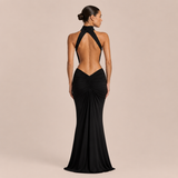 Pilar - Vestido maxi halter cuello alto con cintura descubierta y silueta sirena