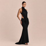 Pilar - Vestido maxi halter cuello alto con cintura descubierta y silueta sirena