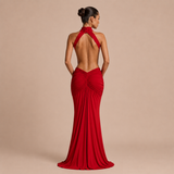 Pilar - Vestido maxi halter cuello alto con cintura descubierta y silueta sirena