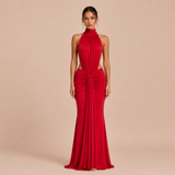 Pilar - Vestido maxi halter cuello alto con cintura descubierta y silueta sirena