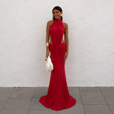 Pilar - Vestido maxi halter cuello alto con cintura descubierta y silueta sirena