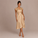 Carmen – vestido midi satinado con escote cruzado y caída fluida