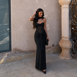 Silvia - Vestido maxi halter con corpiño con tul transparente y falda drapeada