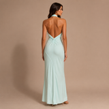 Inés - Vestido maxi halter con nudo frontal y silueta ceñida