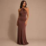 Inés - Vestido maxi halter con nudo frontal y silueta ceñida
