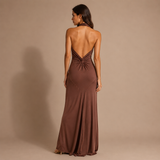 Inés - Vestido maxi halter con nudo frontal y silueta ceñida