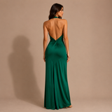 Inés - Vestido maxi halter con nudo frontal y silueta ceñida