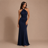 Inés - Vestido maxi halter con nudo frontal y silueta ceñida