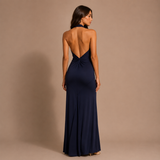 Inés - Vestido maxi halter con nudo frontal y silueta ceñida