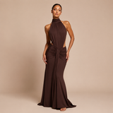 Pilar - Vestido maxi halter cuello alto con cintura descubierta y silueta sirena