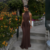 Pilar - Vestido maxi halter cuello alto con cintura descubierta y silueta sirena