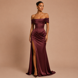 Lorena - Vestido maxi satinado con hombros descubiertos y abertura alta