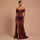 Lorena - Vestido maxi satinado con hombros descubiertos y abertura alta