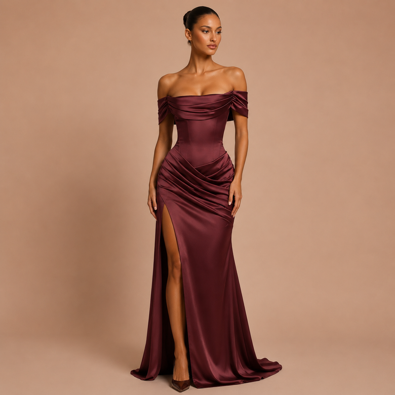 Lorena - Vestido maxi satinado con hombros descubiertos y abertura alta