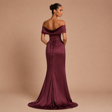 Lorena - Vestido maxi satinado con hombros descubiertos y abertura alta